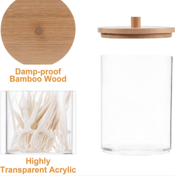 4 Pack Acrylic Qtip Holder Dispenser with Bamboo Lid + Bamboo Vanity Tray - Picture 5 of 6